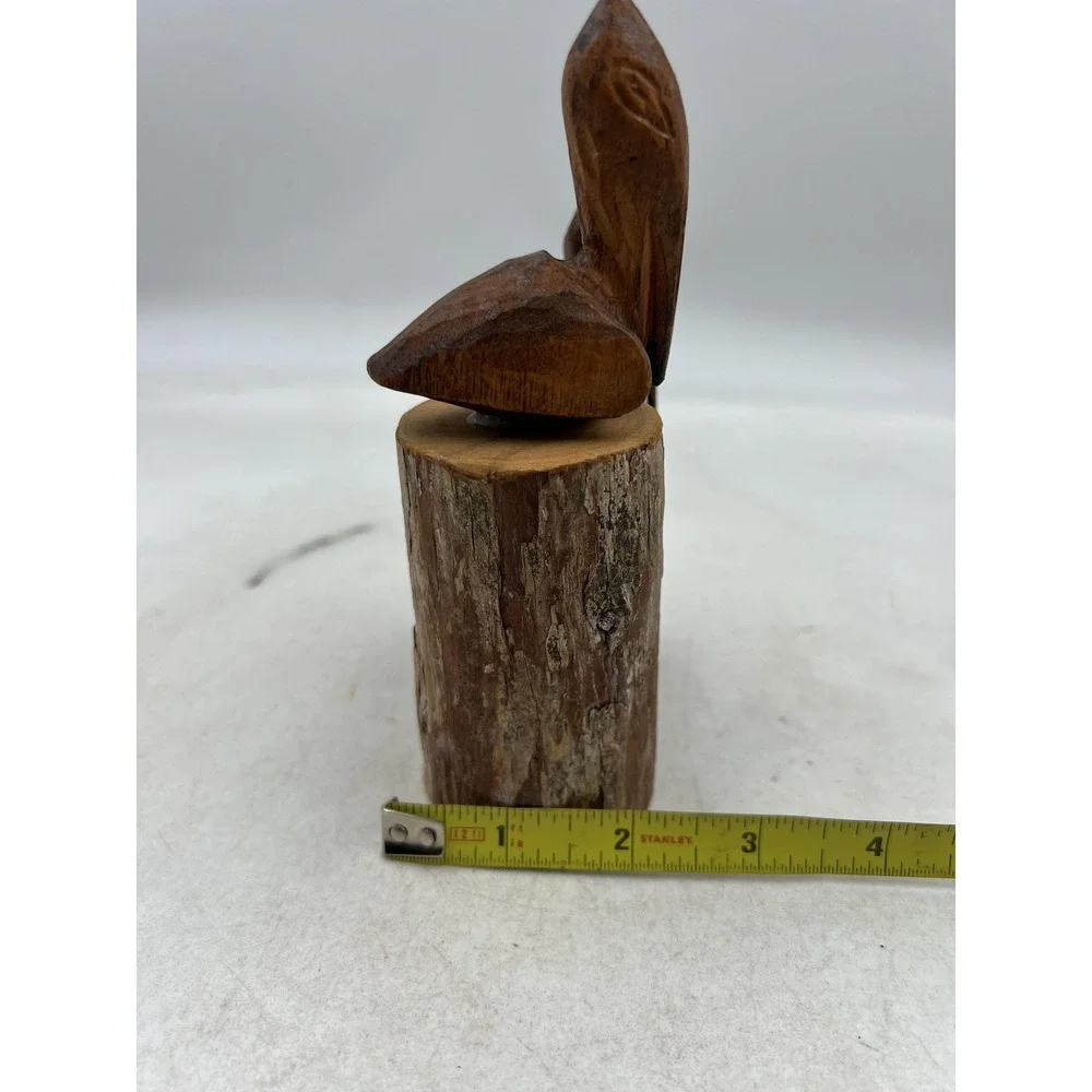 Hand Carved Wood Pelican Pair Figurines on Log Bases Rustic Coastal Folk Art